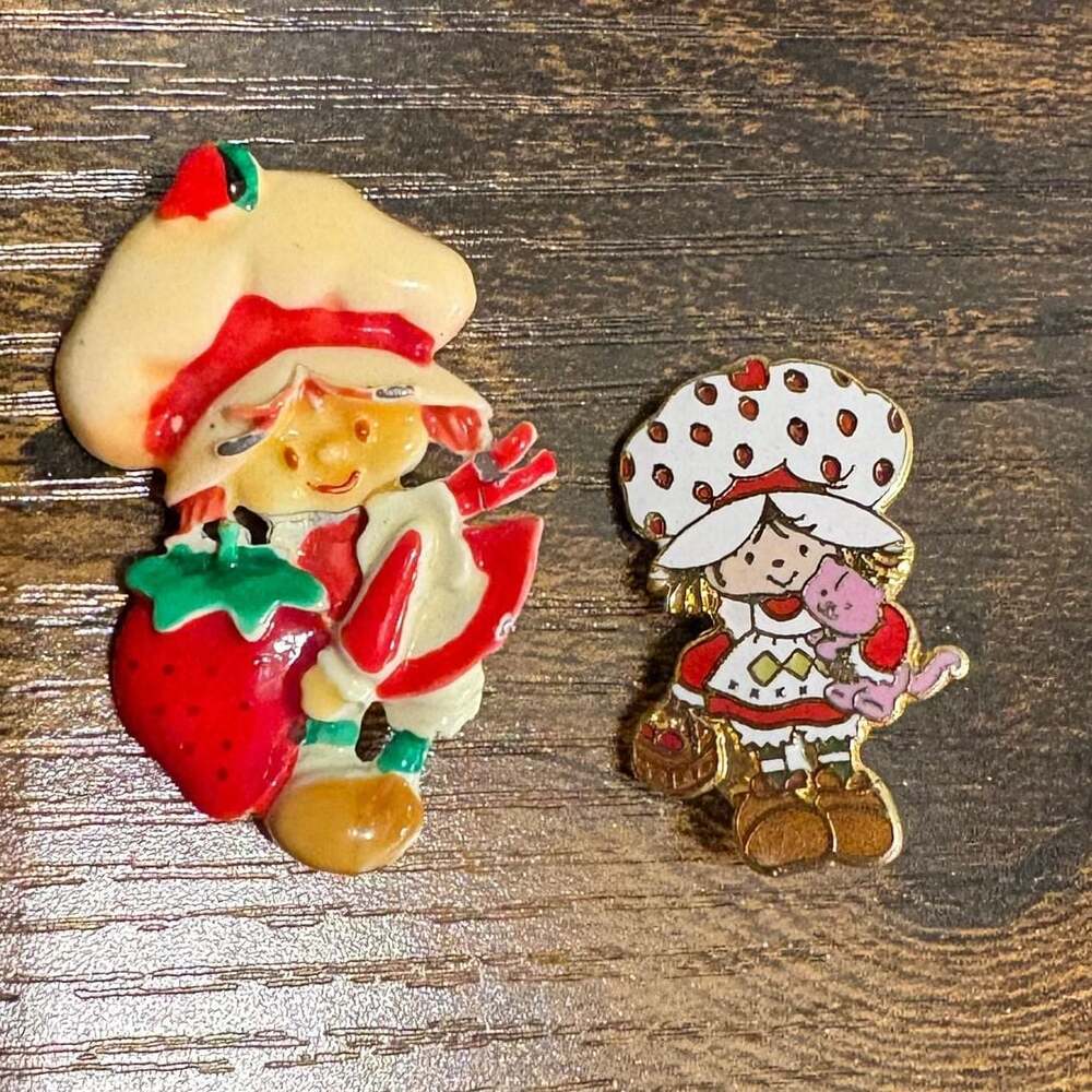 Vintage Strawberry Shortcake AGC Enamel Pin Brooch Set of 2 1980s